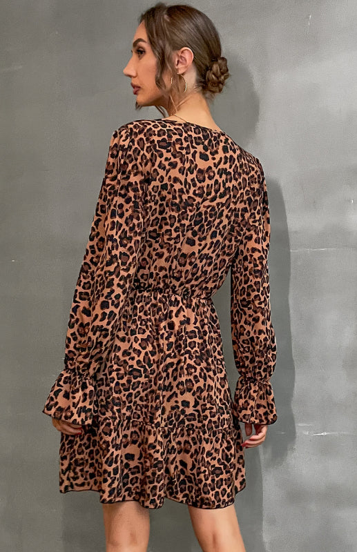 Ladies Leopard Print Flare Long Sleeve V-Neck Dress