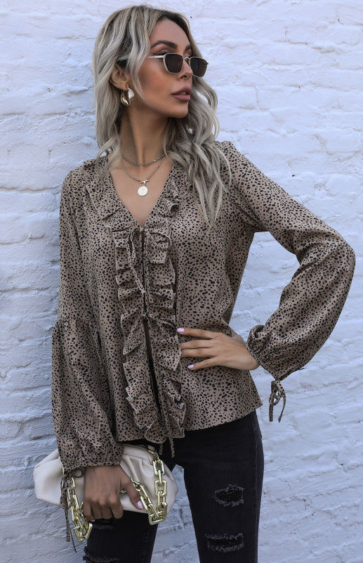 Women's Loose Leopard-Print V-Neck Long-Sleeve Chiffon Shirt With Ruffle Trim