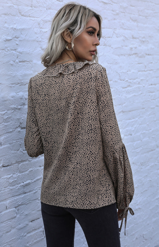 Women's Loose Leopard-Print V-Neck Long-Sleeve Chiffon Shirt With Ruffle Trim