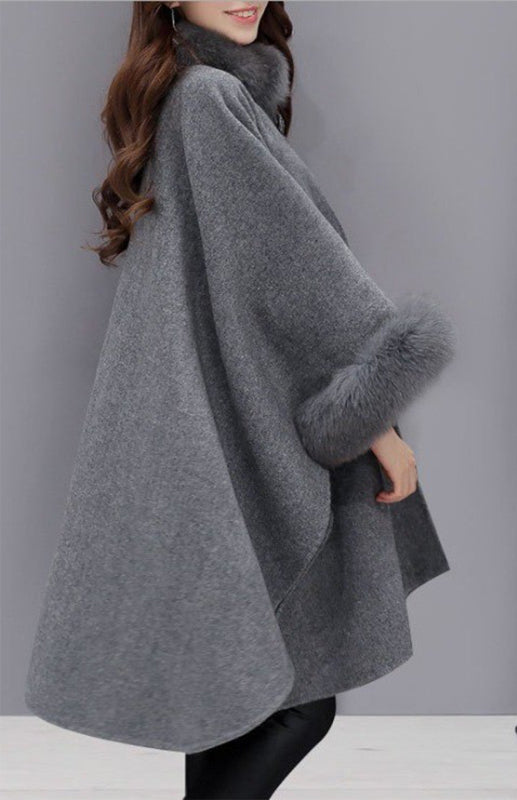 Korean Fox Fur Collar Style Cape Coat Woman
