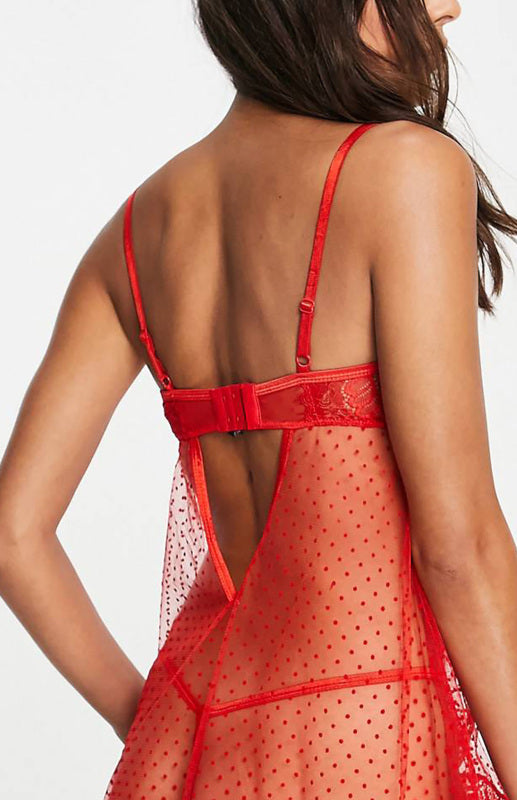 Polka Dot Mesh Lace Patchwork Tie Knot Babydoll Set