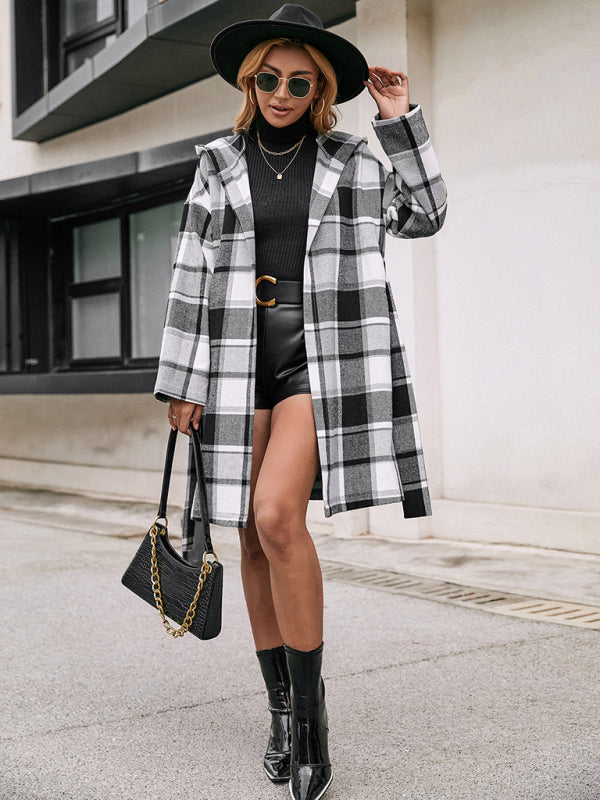 Loose Casual Checked Mid-Length Belted Hooded Wool Coat