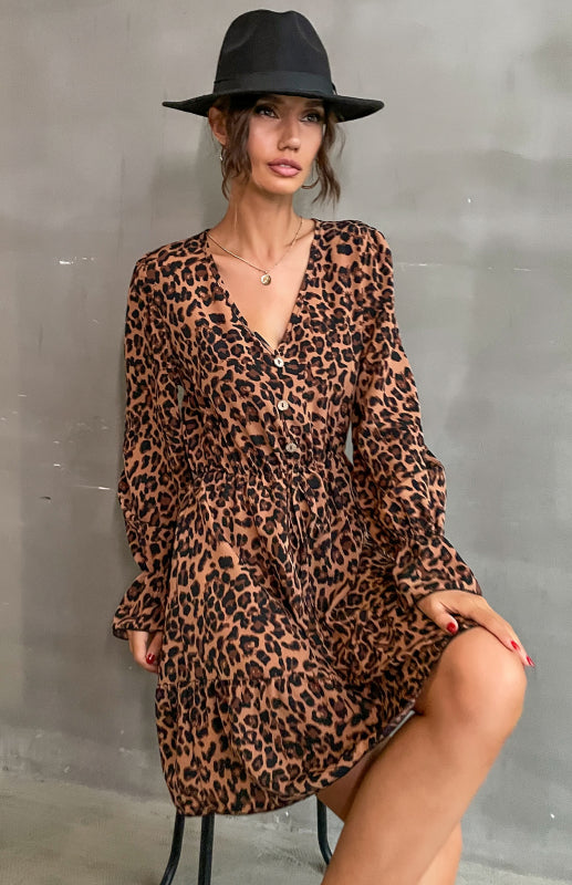 Ladies Leopard Print Flare Long Sleeve V-Neck Dress