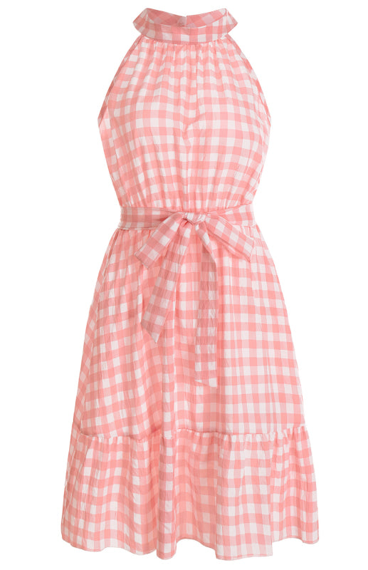 Ladies Spring Summer Fashion Wrap Chest Sleeveless Ruffle Plaid Dress