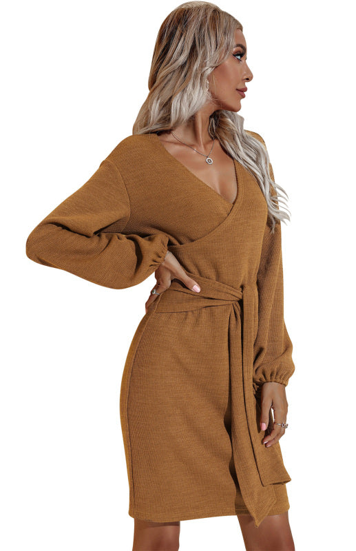 Women's Autumn And Winter New Long-Sleeved Hip V-Neck Tie Solid Color Dress