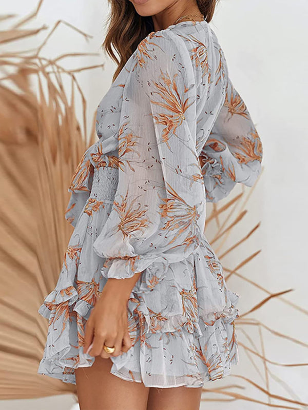 Sexy Lace-Up Ruffle V-Neck Waist-Skimming Dress