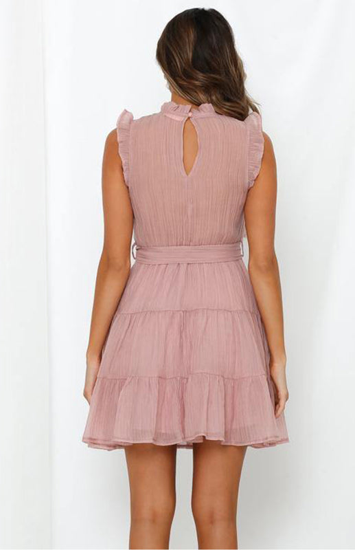 Women's Frilled Neck Sleeveless Tiered Tulle Dress