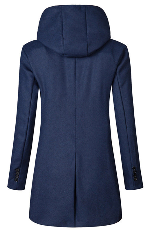 Men's Solid Color Slim Fit Hooded Woolen Coat Double Breasted Trench Coat
