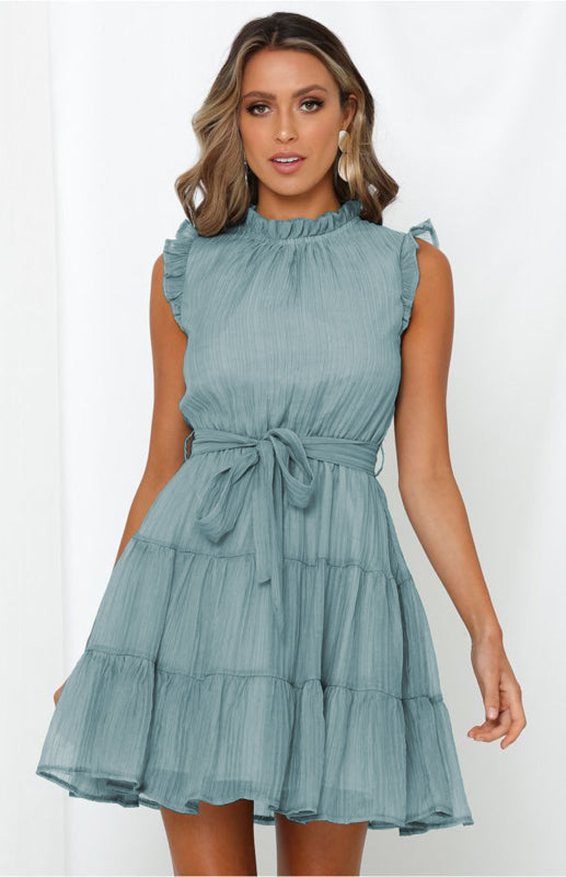 Women's Frilled Neck Sleeveless Tiered Tulle Dress