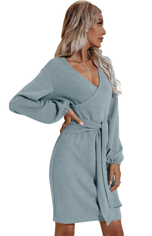 Women's Autumn And Winter New Long-Sleeved Hip V-Neck Tie Solid Color Dress