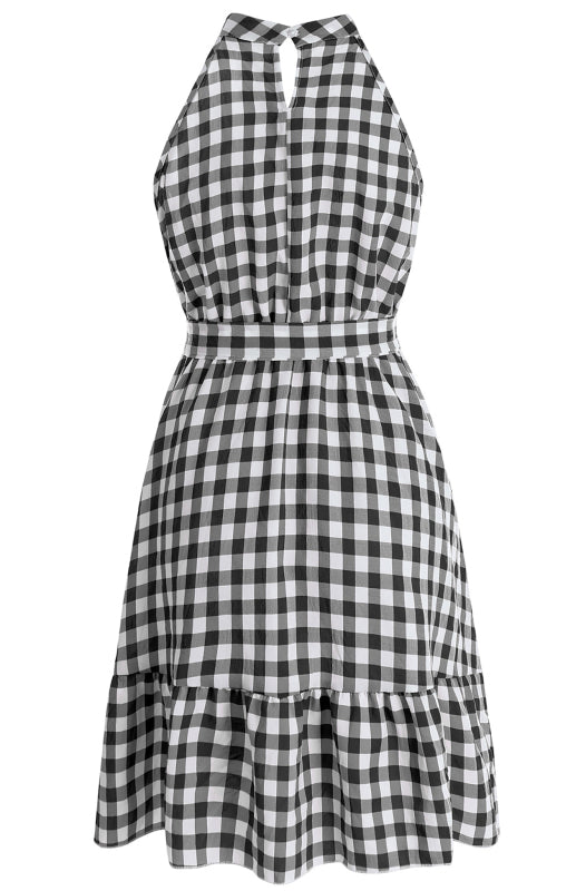 Ladies Spring Summer Fashion Wrap Chest Sleeveless Ruffle Plaid Dress