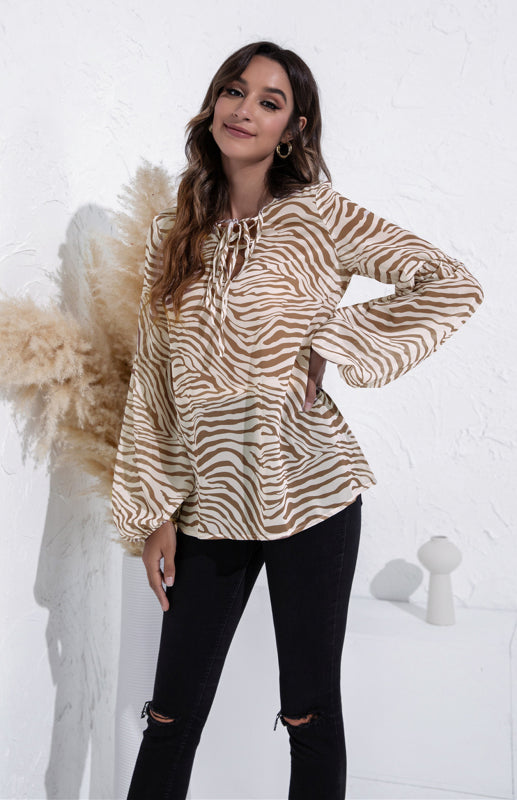 Women's Leopard V-Neck Long Sleeve Tie Print Puff Sleeve Chiffon Shirt
