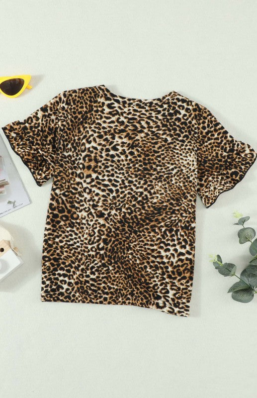 Girls Leopard Print Ruffle Short Sleeve Crew Neck Top