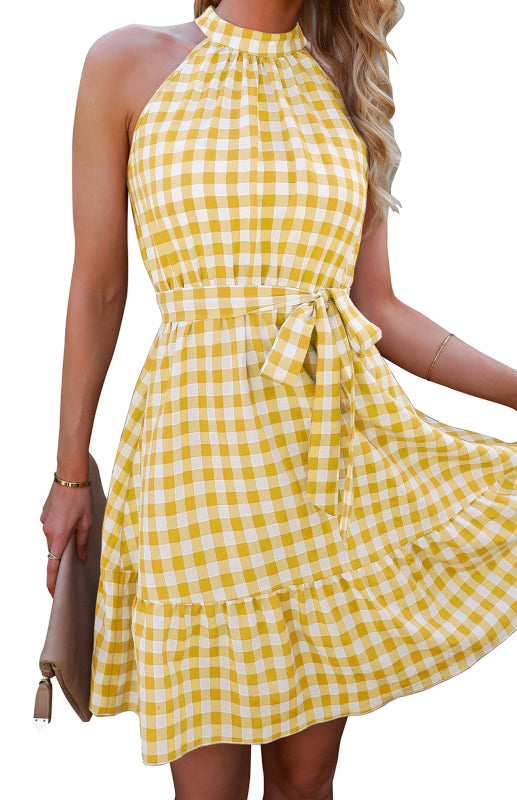 Ladies Spring Summer Fashion Wrap Chest Sleeveless Ruffle Plaid Dress