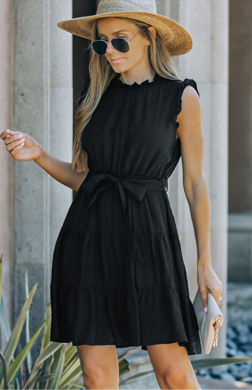 Women's Frilled Neck Sleeveless Tiered Tulle Dress