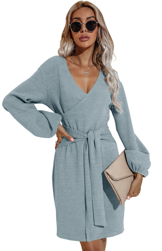 Women's Autumn And Winter New Long-Sleeved Hip V-Neck Tie Solid Color Dress