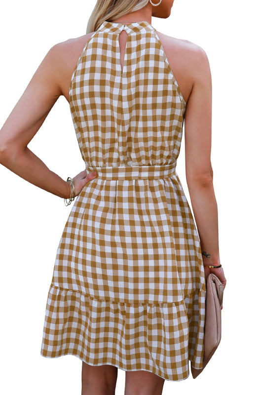 Ladies Spring Summer Fashion Wrap Chest Sleeveless Ruffle Plaid Dress