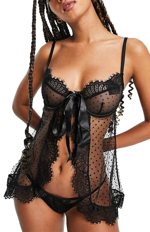 Polka Dot Mesh Lace Patchwork Tie Knot Babydoll Set
