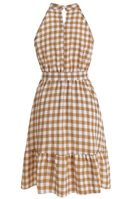 Ladies Spring Summer Fashion Wrap Chest Sleeveless Ruffle Plaid Dress