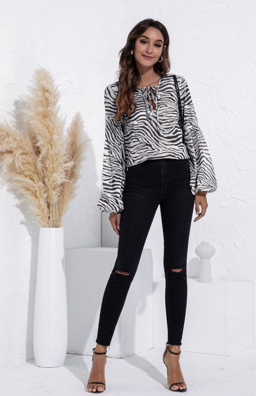 Women's Leopard V-Neck Long Sleeve Tie Print Puff Sleeve Chiffon Shirt