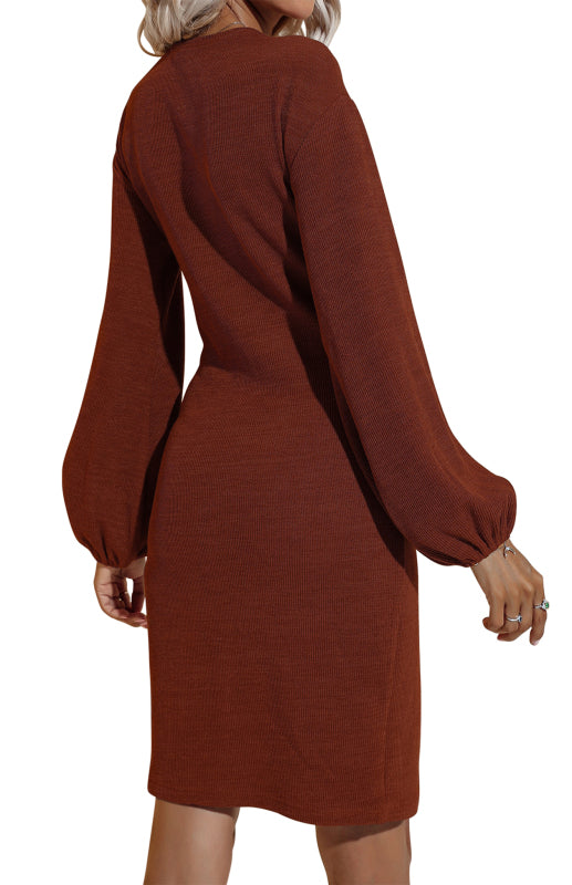 Women's Autumn And Winter New Long-Sleeved Hip V-Neck Tie Solid Color Dress