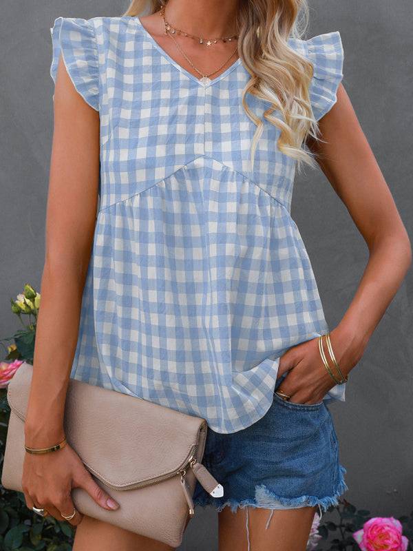 Women's V-neck sleeveless Plaid top