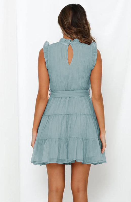 Women's Frilled Neck Sleeveless Tiered Tulle Dress