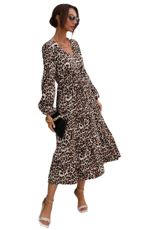 Ladies V-Neck Ruffled Leopard Print Dress