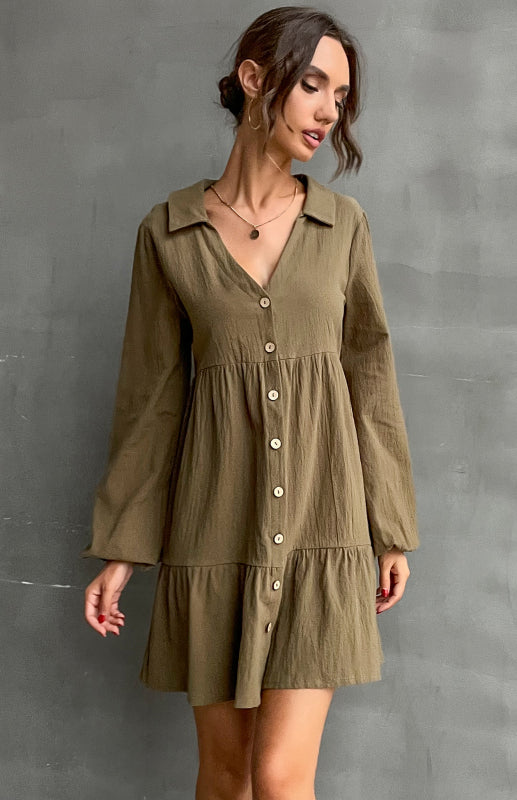 Women's New Lapel V-Neck Button-Embellished Shirt Dress