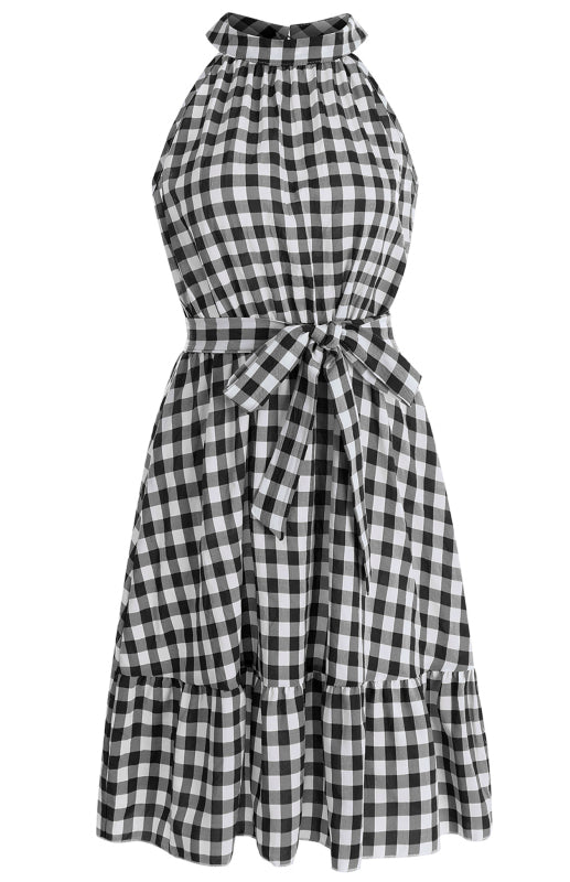 Ladies Spring Summer Fashion Wrap Chest Sleeveless Ruffle Plaid Dress
