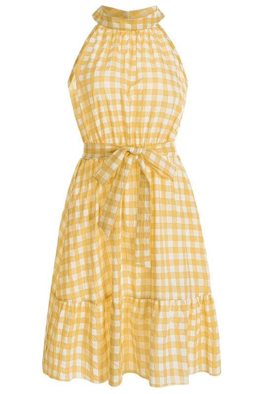 Ladies Spring Summer Fashion Wrap Chest Sleeveless Ruffle Plaid Dress