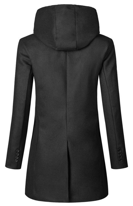 Men's Solid Color Slim Fit Hooded Woolen Coat Double Breasted Trench Coat