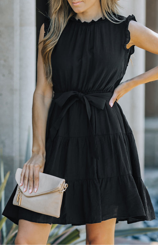 Women's Frilled Neck Sleeveless Tiered Tulle Dress