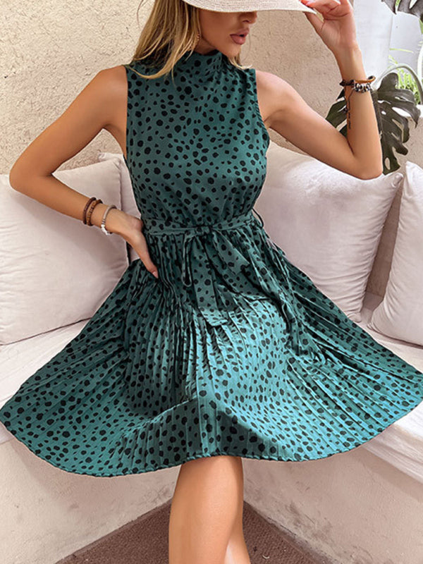 European and American sleeveless halterneck skirt ruffled green leopard print dress