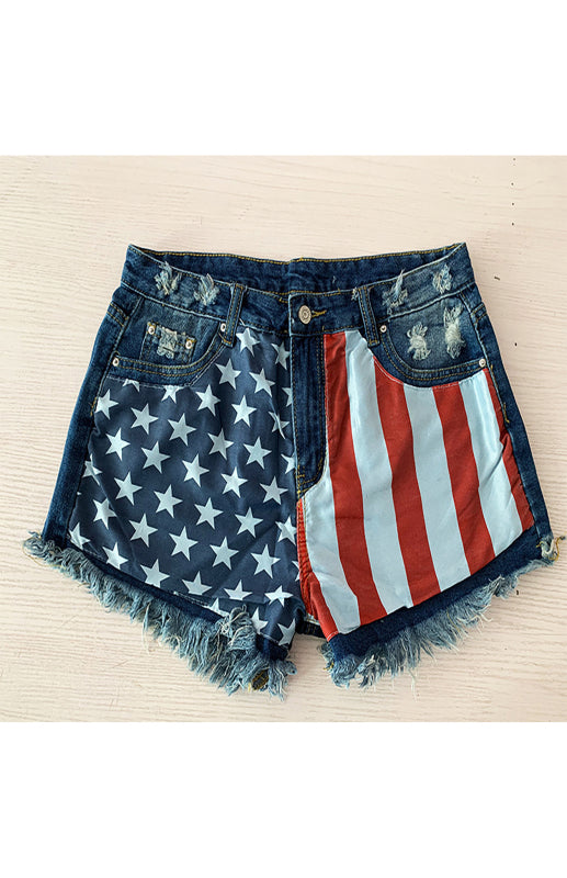 Women's American Flag Fringe Star Print Denim Shorts