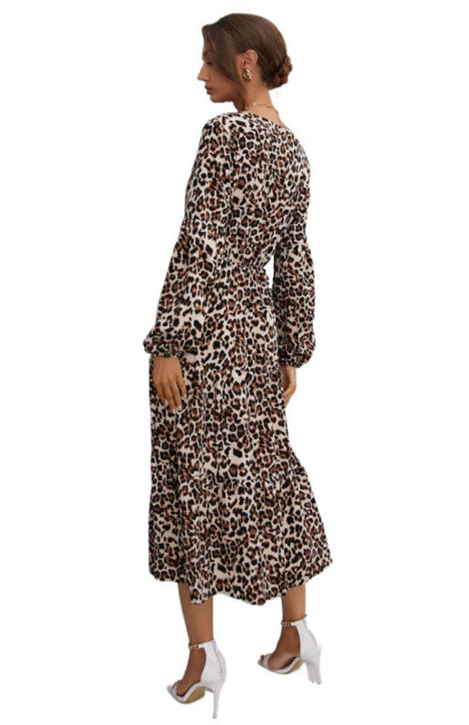 Ladies V-Neck Ruffled Leopard Print Dress