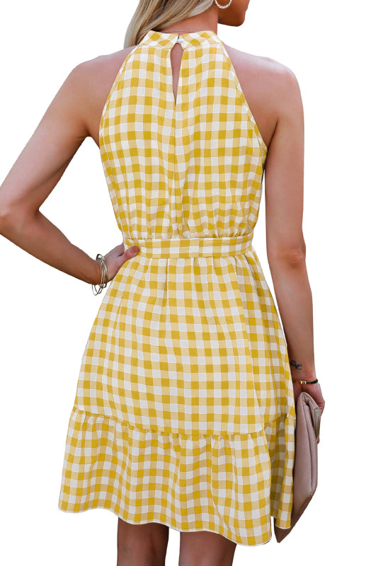 Ladies Spring Summer Fashion Wrap Chest Sleeveless Ruffle Plaid Dress