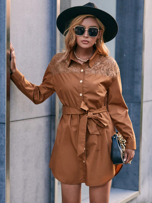 Breasted Lace Panel Long Sleeve Slim Fit Lace-Up Shirt Dress