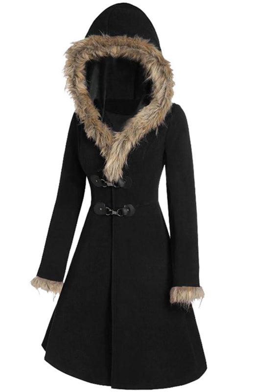Solid-Colored Fur, Long-Sleeved Alloy Buckles, Duffel Coat