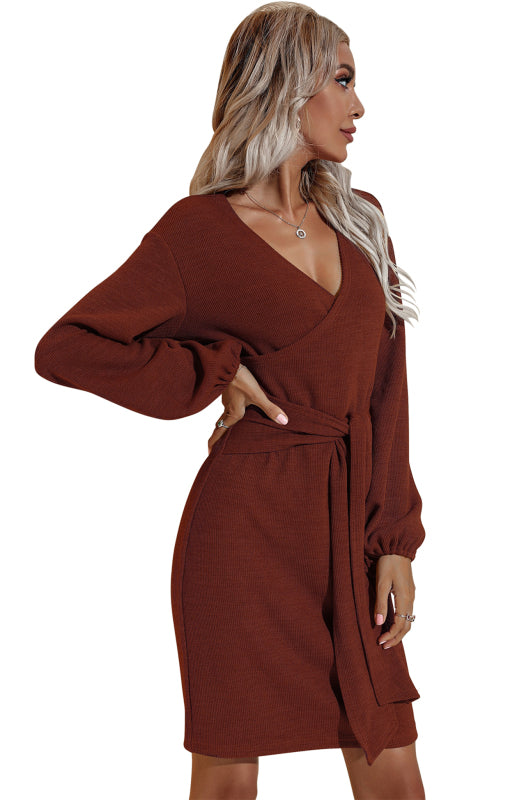 Women's Autumn And Winter New Long-Sleeved Hip V-Neck Tie Solid Color Dress