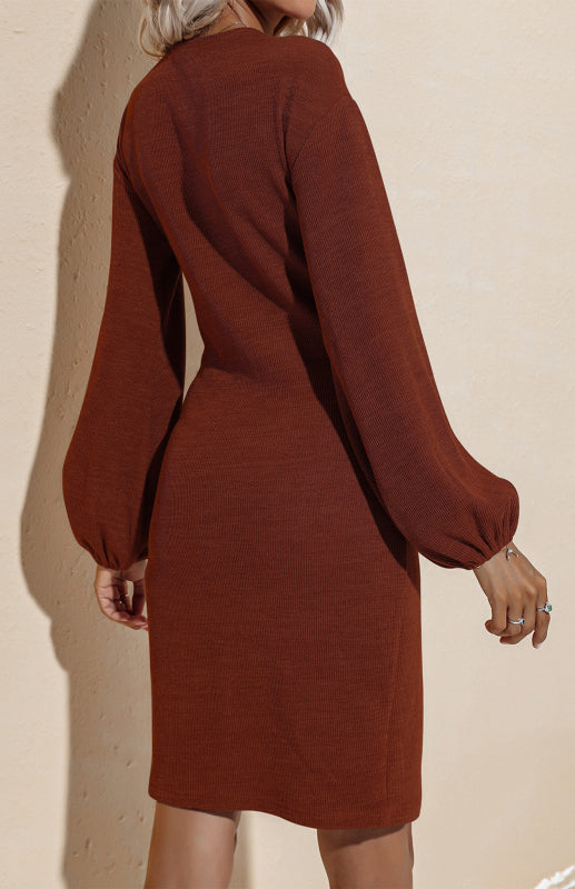 Women's Autumn And Winter New Long-Sleeved Hip V-Neck Tie Solid Color Dress