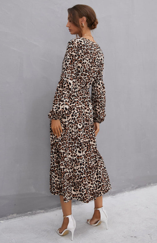 Ladies V-Neck Ruffled Leopard Print Dress