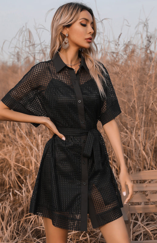 Ladies Lapel Tie Black Mesh Sheer Dress