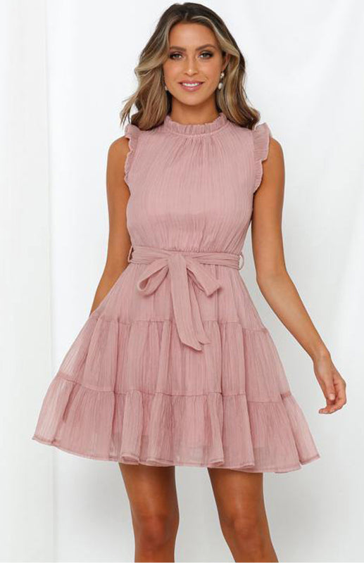 Women's Frilled Neck Sleeveless Tiered Tulle Dress
