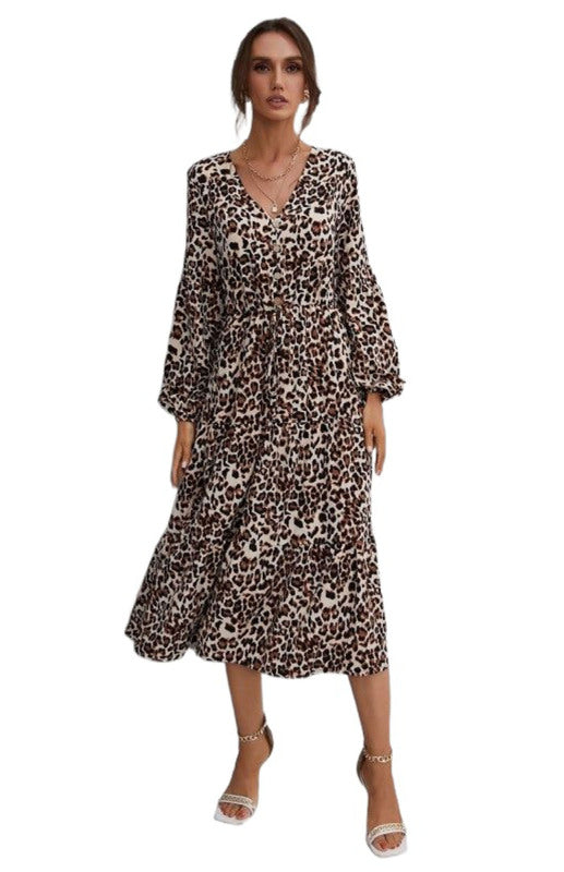 Ladies V-Neck Ruffled Leopard Print Dress