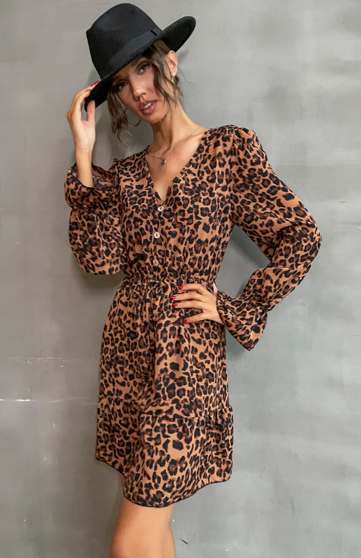 Ladies Leopard Print Flare Long Sleeve V-Neck Dress