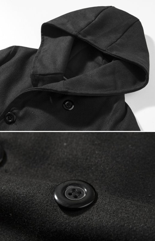 Men's Solid Color Slim Fit Hooded Woolen Coat Double Breasted Trench Coat