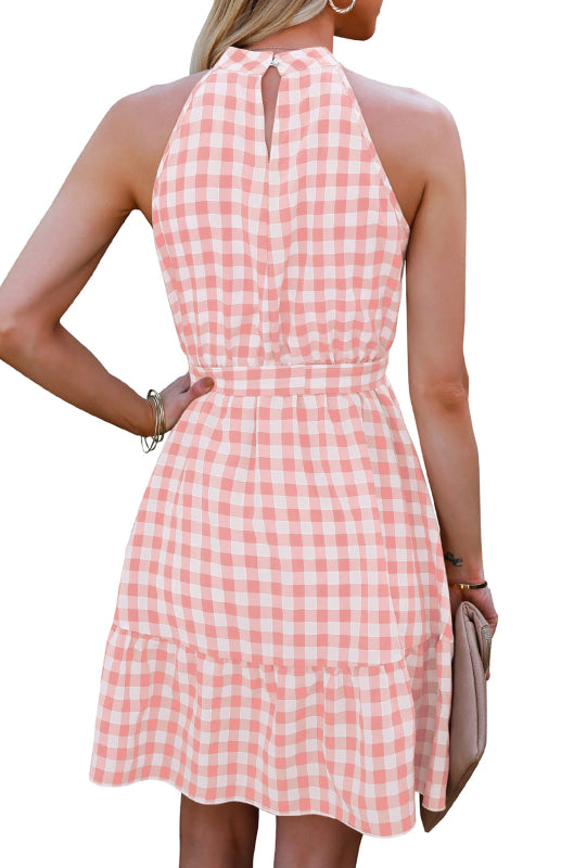 Ladies Spring Summer Fashion Wrap Chest Sleeveless Ruffle Plaid Dress