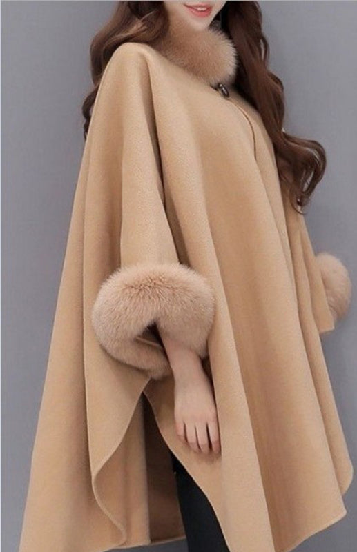 Korean Fox Fur Collar Style Cape Coat Woman