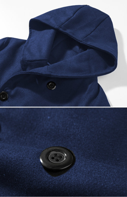 Men's Solid Color Slim Fit Hooded Woolen Coat Double Breasted Trench Coat
